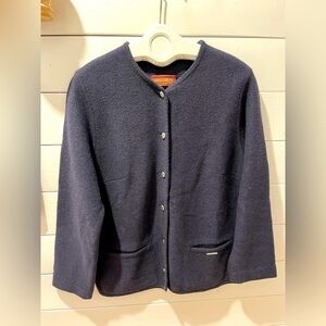 Geiger Collection, navy virgin wool cardigan, size 44.